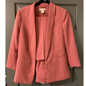 h&m dusty rose pink blazer and high rise pants matching suit set